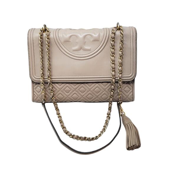 Tory Burch Fleming Convertible Medium Shoulder Bag Quilted Leather Beige Heron - Picture 1 of 14